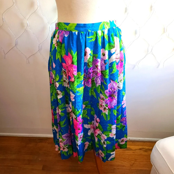 - Vintage Midi Skirt | Tropical Colorful w/ Pleats / Size 12 - Picture 1 of 5